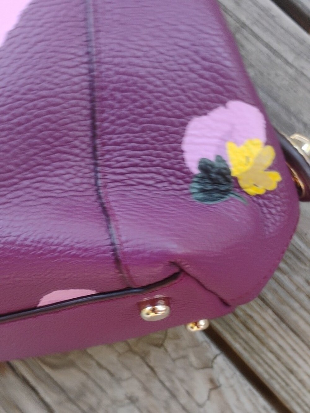 Coach Plum Floral Pebbled Leather Shoulder Bag 3 Comparr. Twist Lock Zip Closure - Picture 3 of 13
